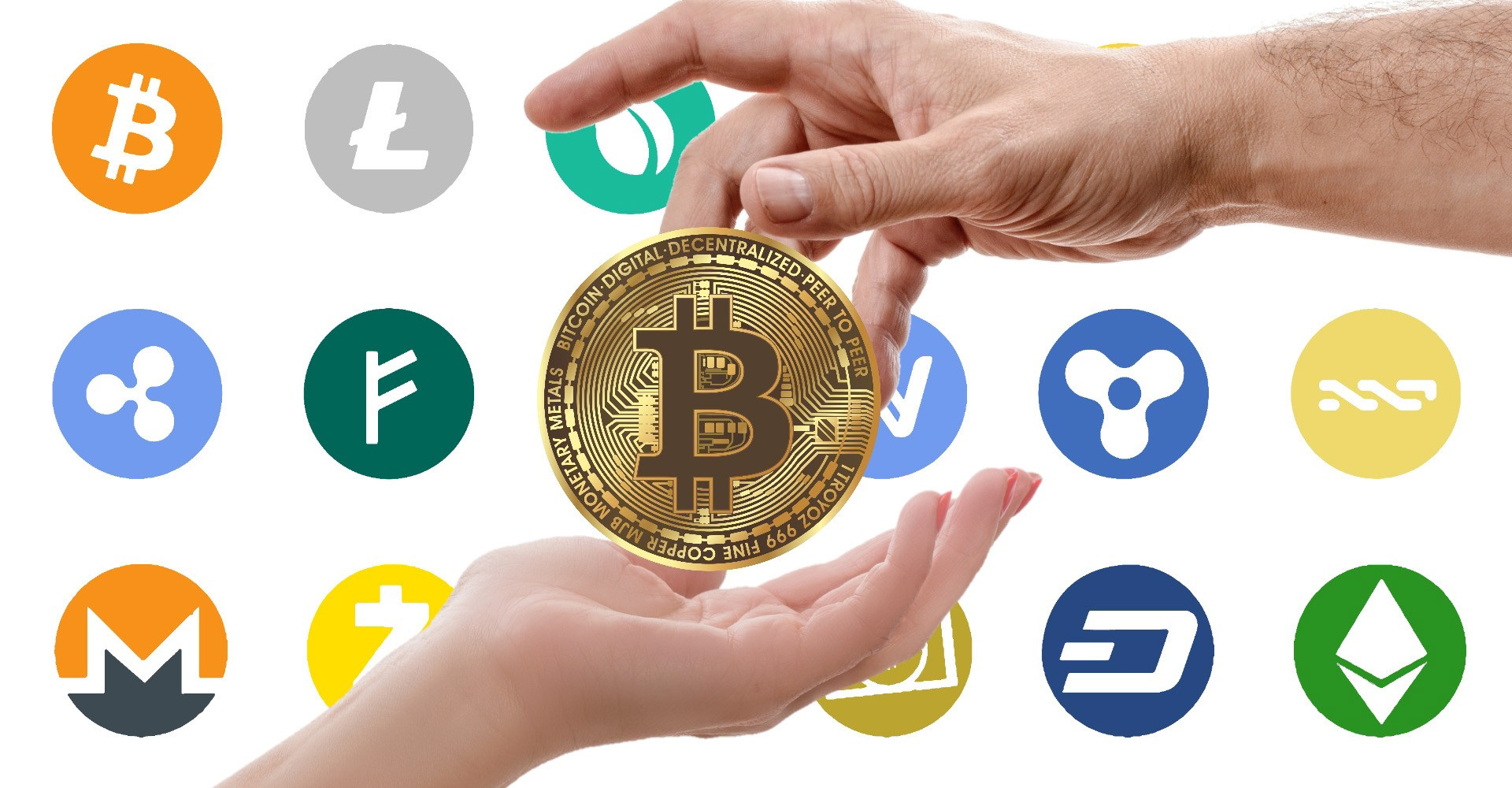 2 hands are holding a bitcoin
